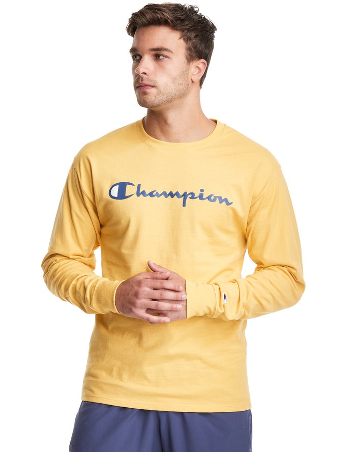 Champion Classic Long-Sleeve Script Logo - Miesten Keltainen T-Paita - Suomi 7103496-GO